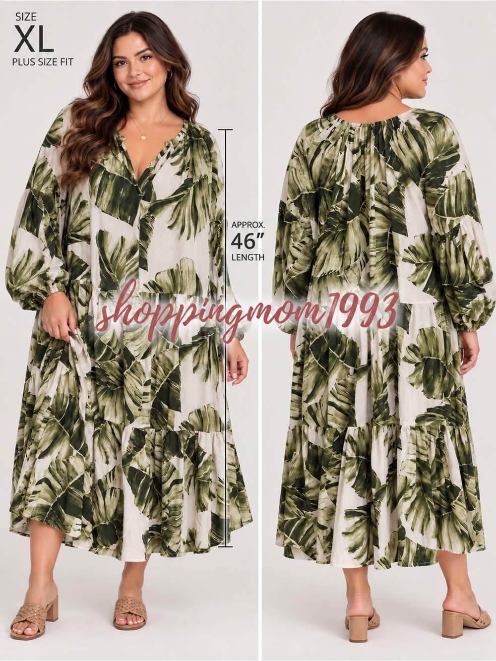 H&M Tropical Leaf Print Tiered Dress Green Ivory Size XL